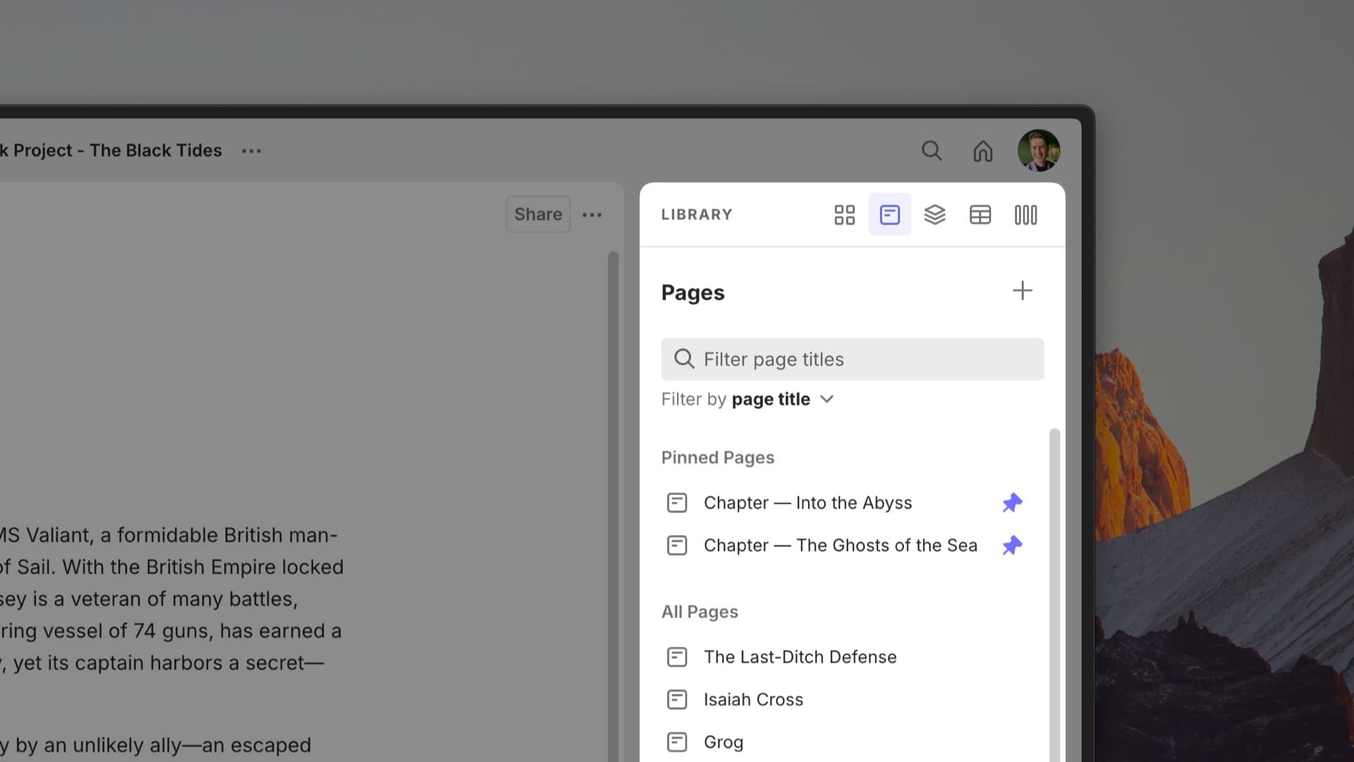 This screenshot highlights the library panel and brings attention to the tabs at the top of the panel which let the user navigate between workspaces, pages, stacks, tables, etc.