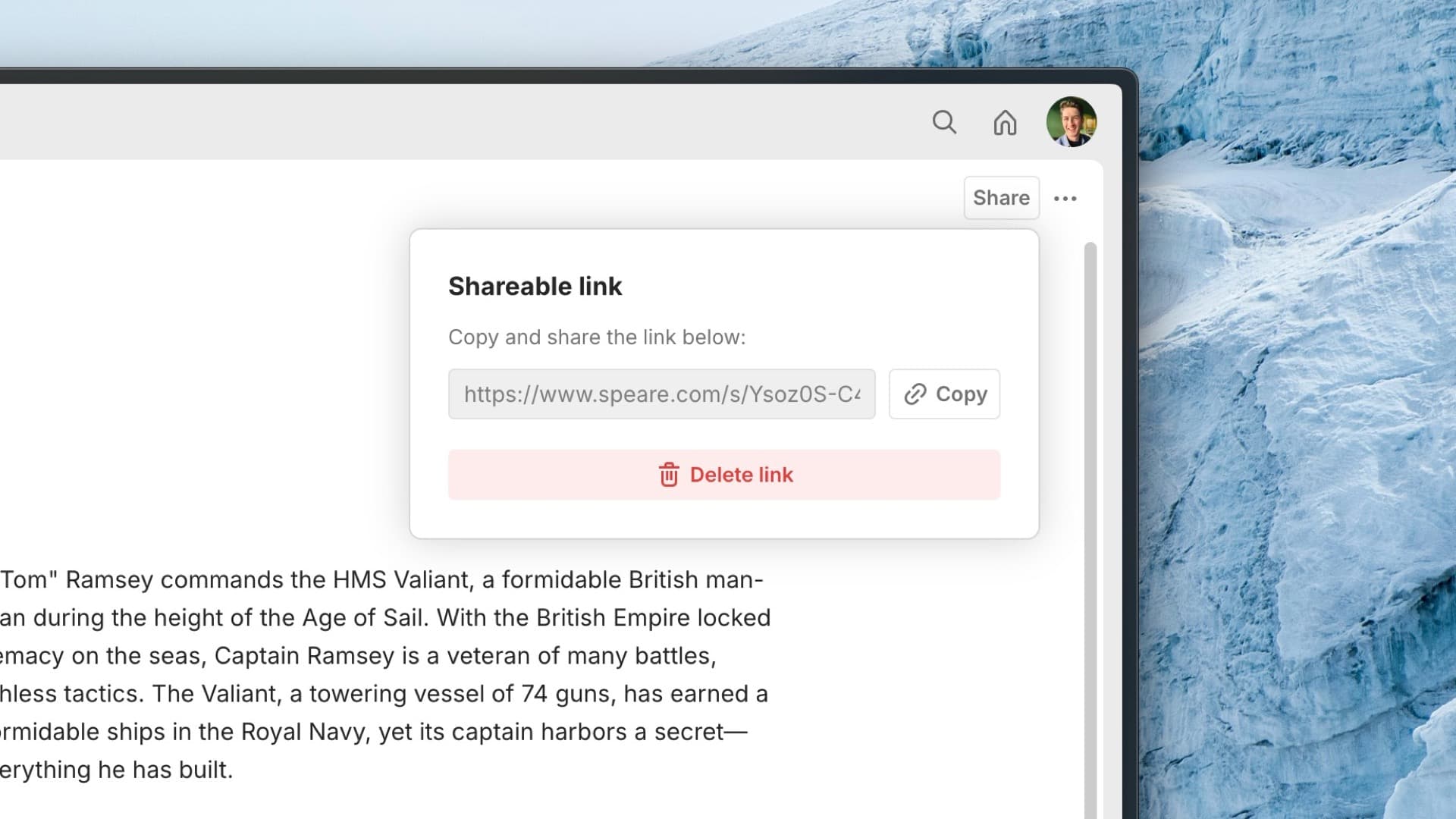 A screenshot of the share popup that lets you create a private link to share your work.