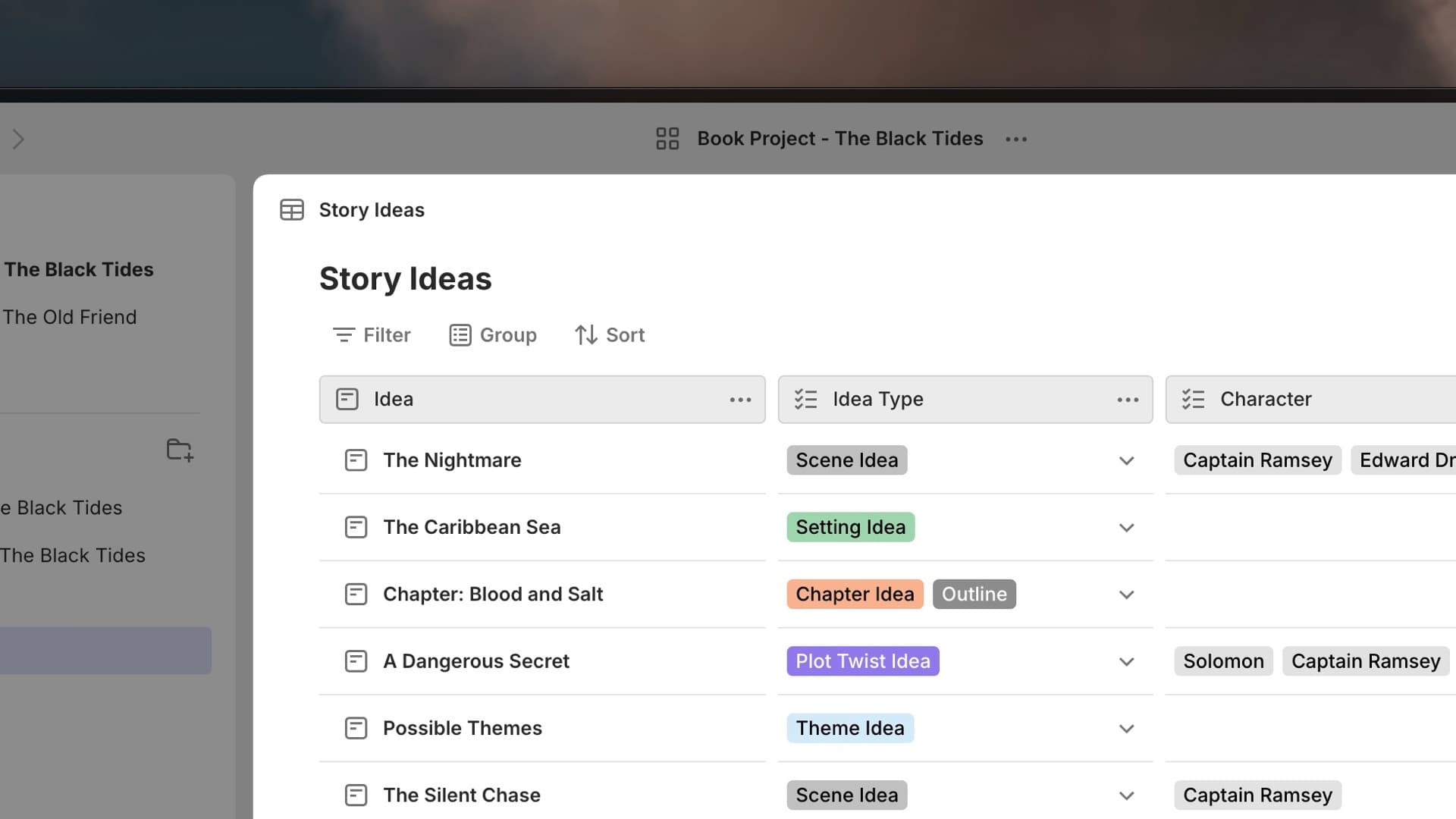 An example of story ideas being managed and organized in a table.