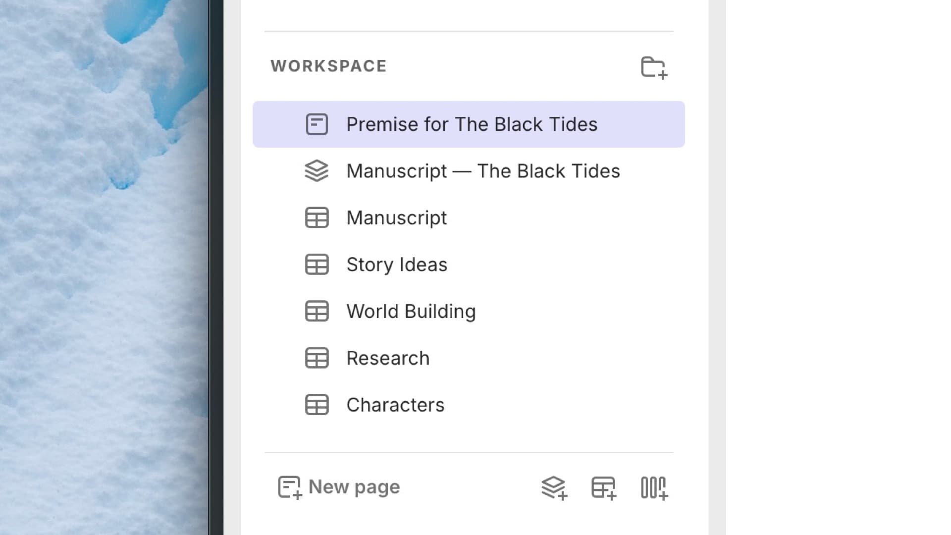 A close up of a workspace sidebar containing tables for a manuscript, story ideas, world building, research, and characters.